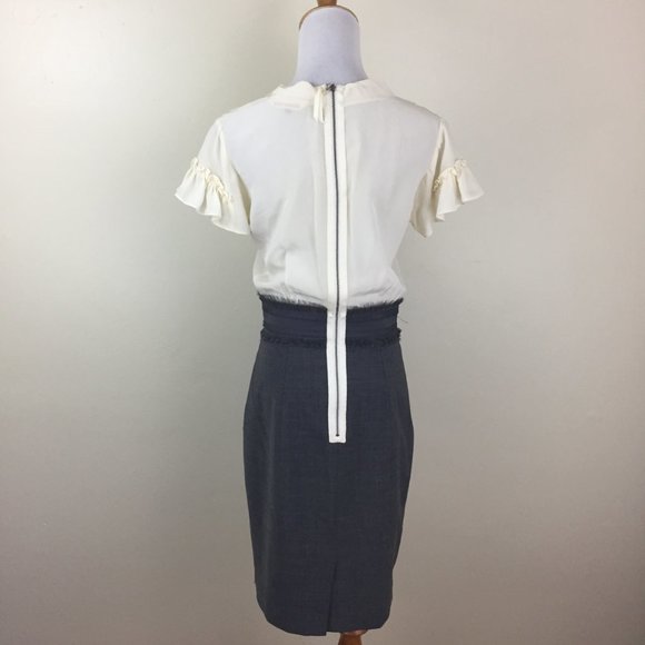 REBECCA TAYLOR Ivory Gray Silk Wool Blend Ruffle Short Sleeve Dress - Picture 10 of 15